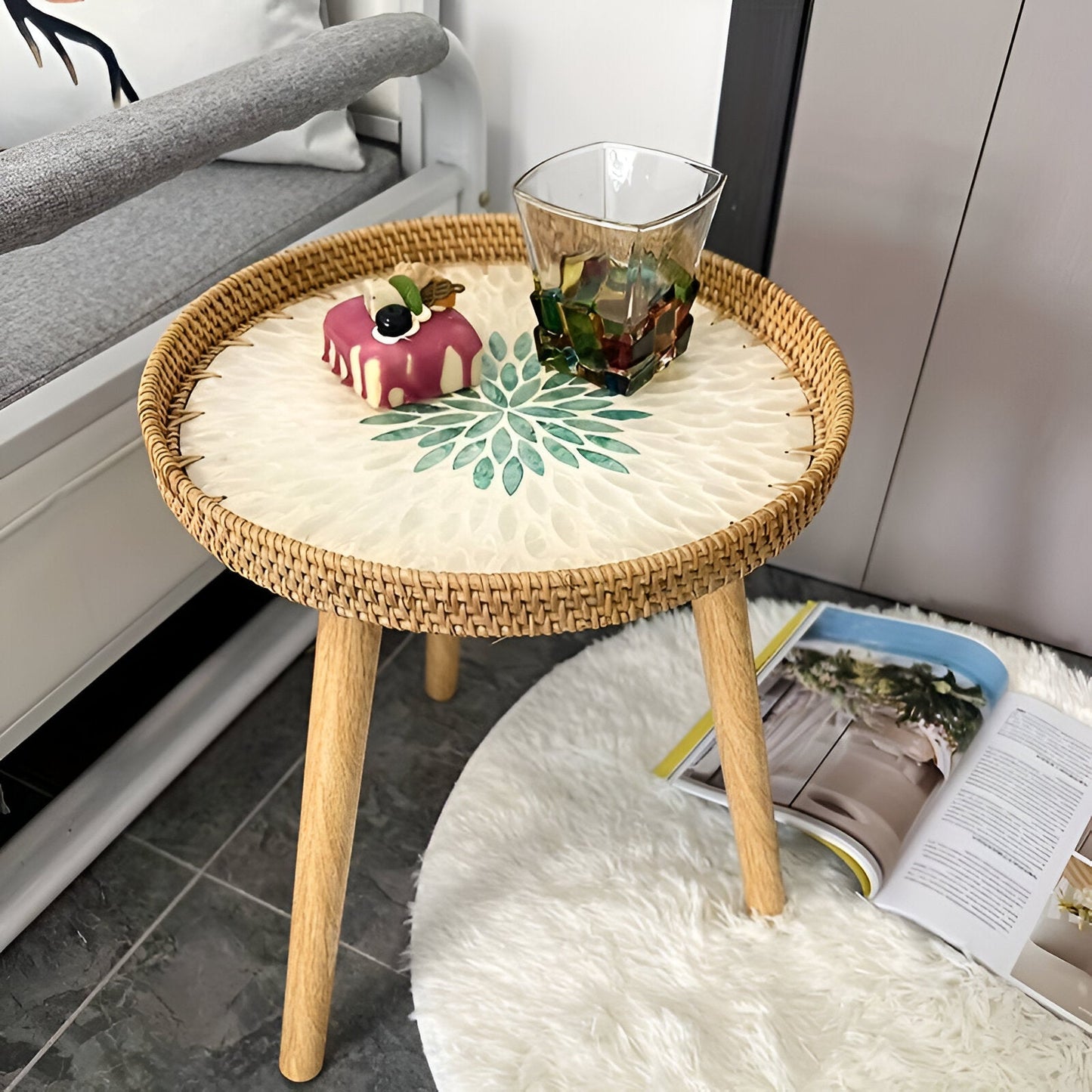 Scandi Salontafel - Handgemaakte Rieten Salontafel rond - Salontafel Hout