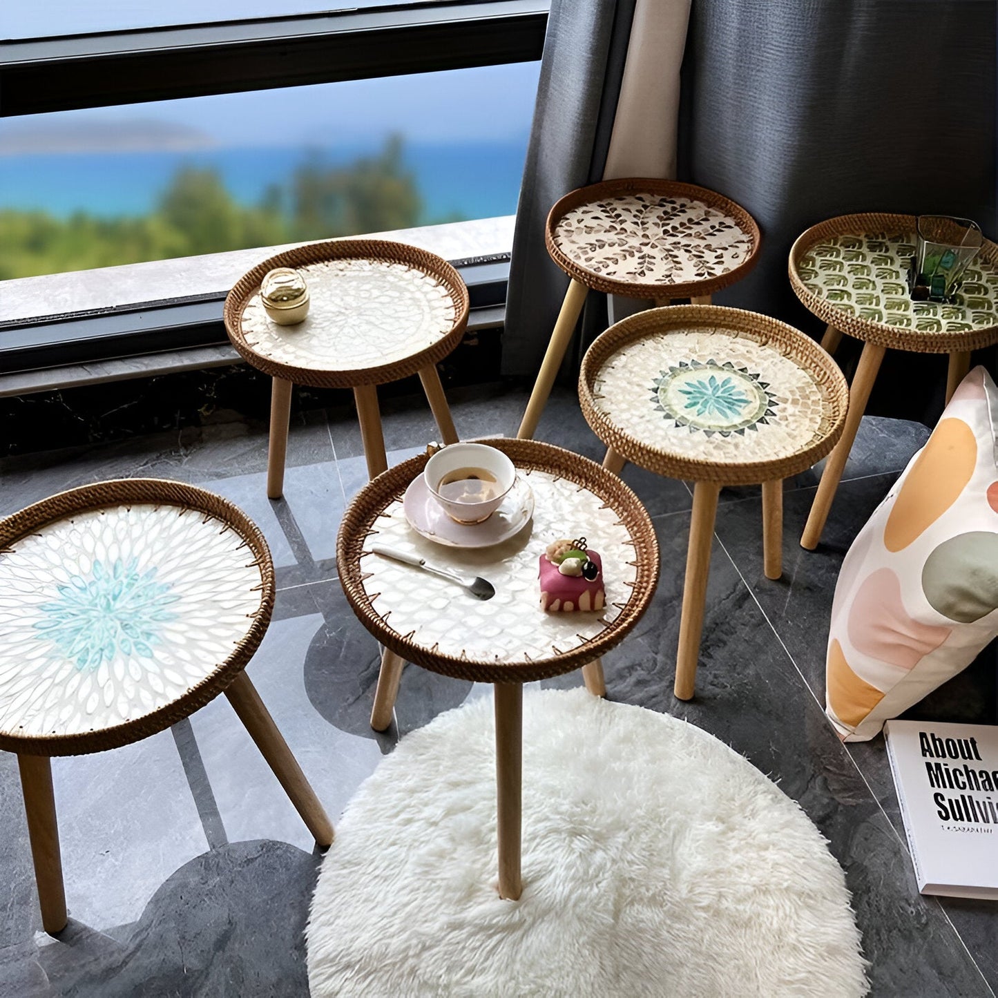 Scandi Salontafel - Handgemaakte Rieten Salontafel rond - Salontafel Hout