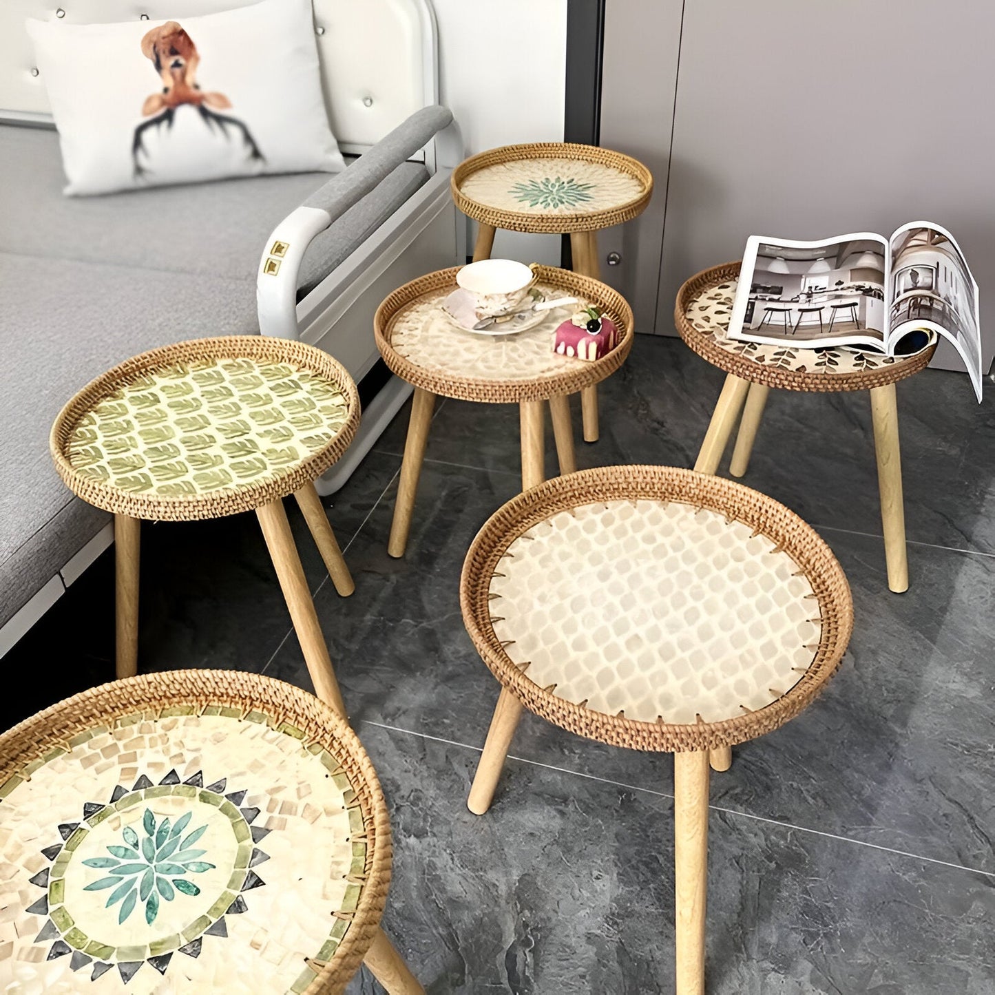 Scandi Salontafel - Handgemaakte Rieten Salontafel rond - Salontafel Hout