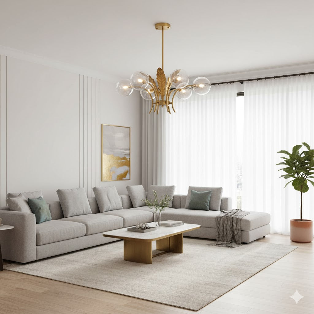 Sferische Plafondlamp Simpliciteit Wit/Roze/Cognac Glas 6-Lamp Tekenruimte LED Hangende Kroonluchter met Blad Decor