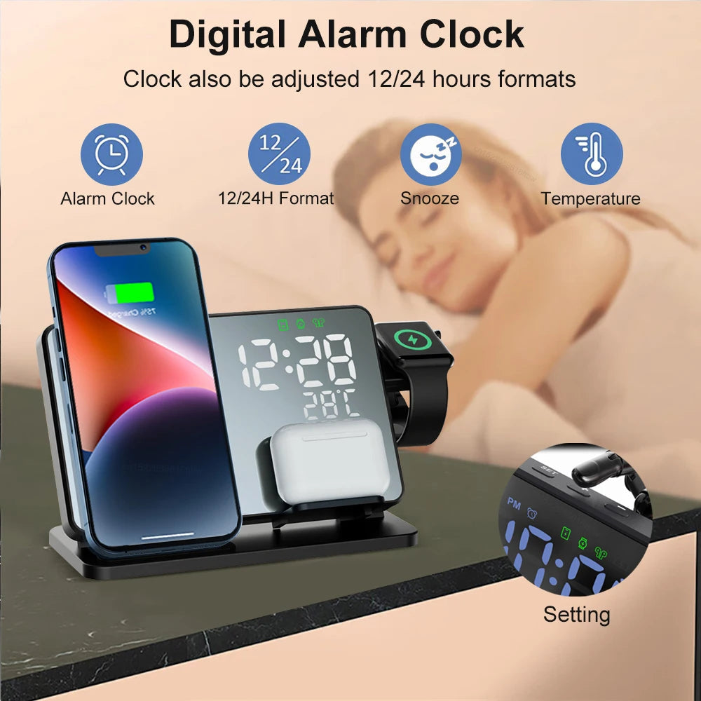 3-in-1 Snellader Station | Premium Draadloze Snellader Docking Station met Alarmklok | voor Apple iPhone, Watch & AirPods