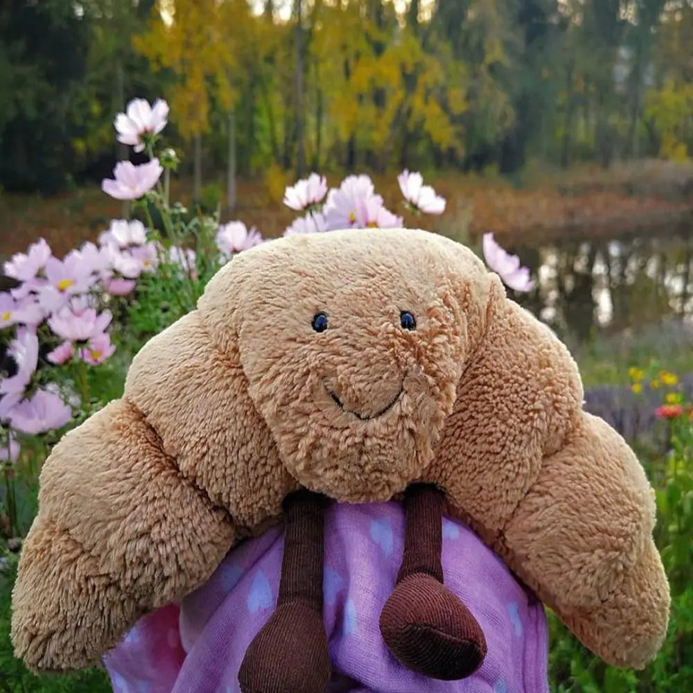 Croissant Pluche Knuffelkussen 33 cm Zacht Lichtbruin met Glimlachend Gezicht