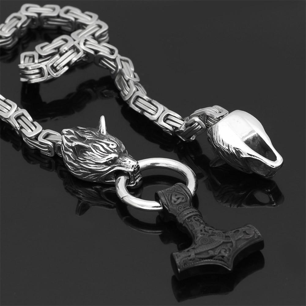 60–90 cm RVS Dubbele Wolfskop & Mjolnir Overlevingsgeest Hanger/Armband