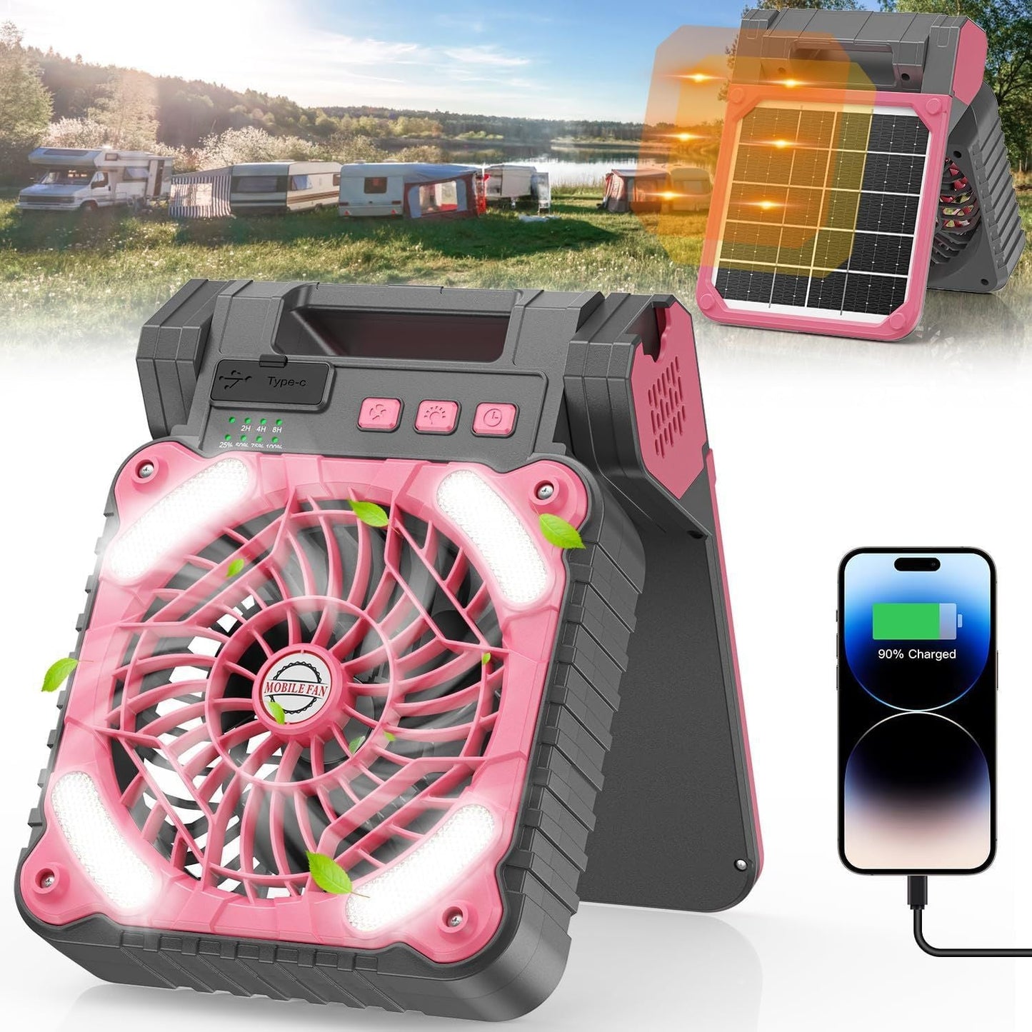 Koel draagbare oplaadbare robuuste bouwventilator met LED-schijnwerpers en USB Type-C-opladen Brehn