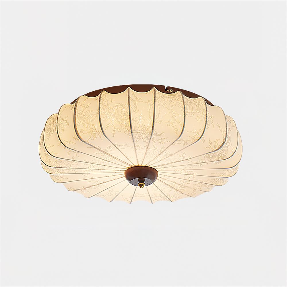 Plafondlamp Stoffen Kap Gepleatste Lotusvorm Houten Plafondbevestiging