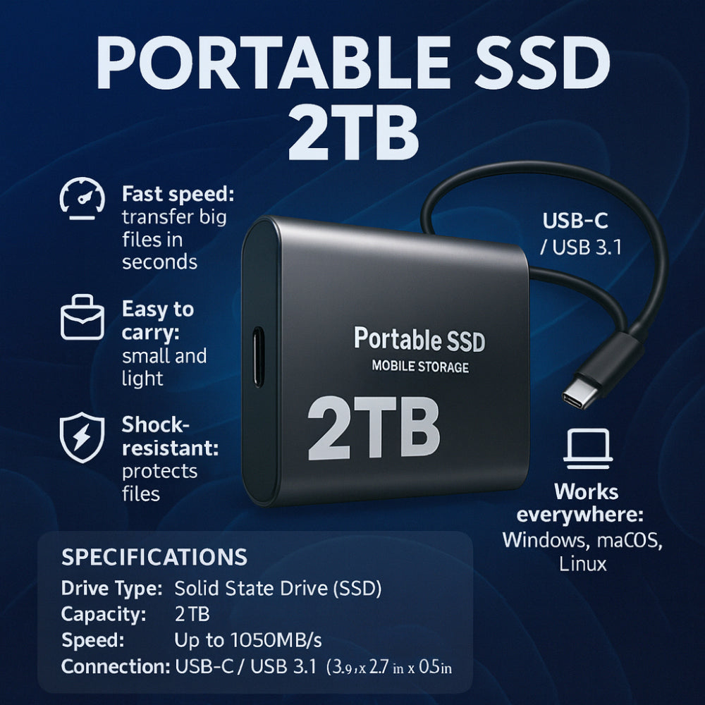 Externe Draagbare SSD 2TB – Hoge Overdrachtsnelheid, USB-C