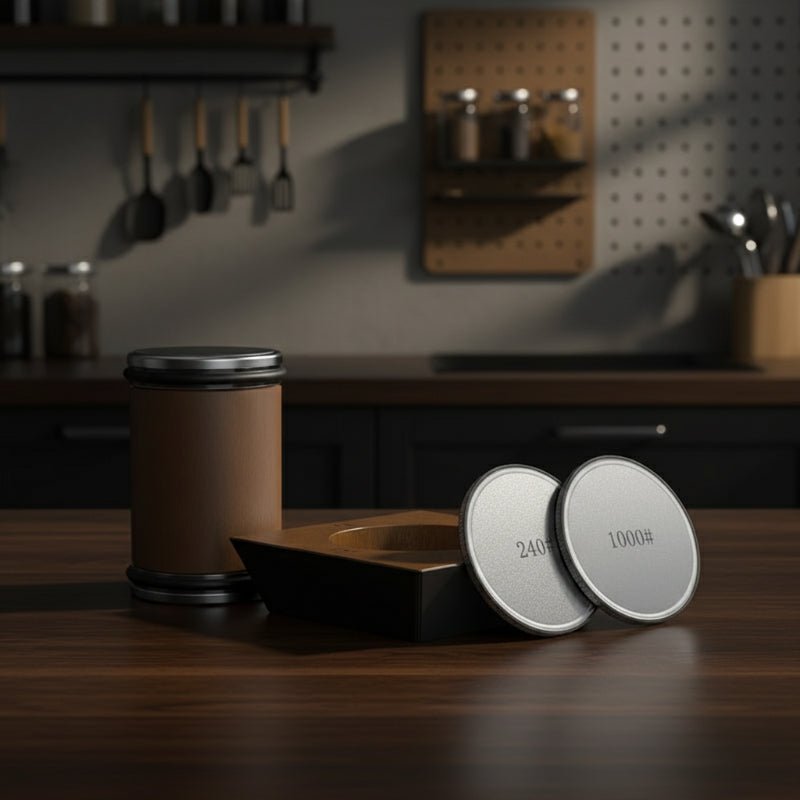 DIASHARP – Rollende Messcherfset met Diamantslijper en Houten Platform