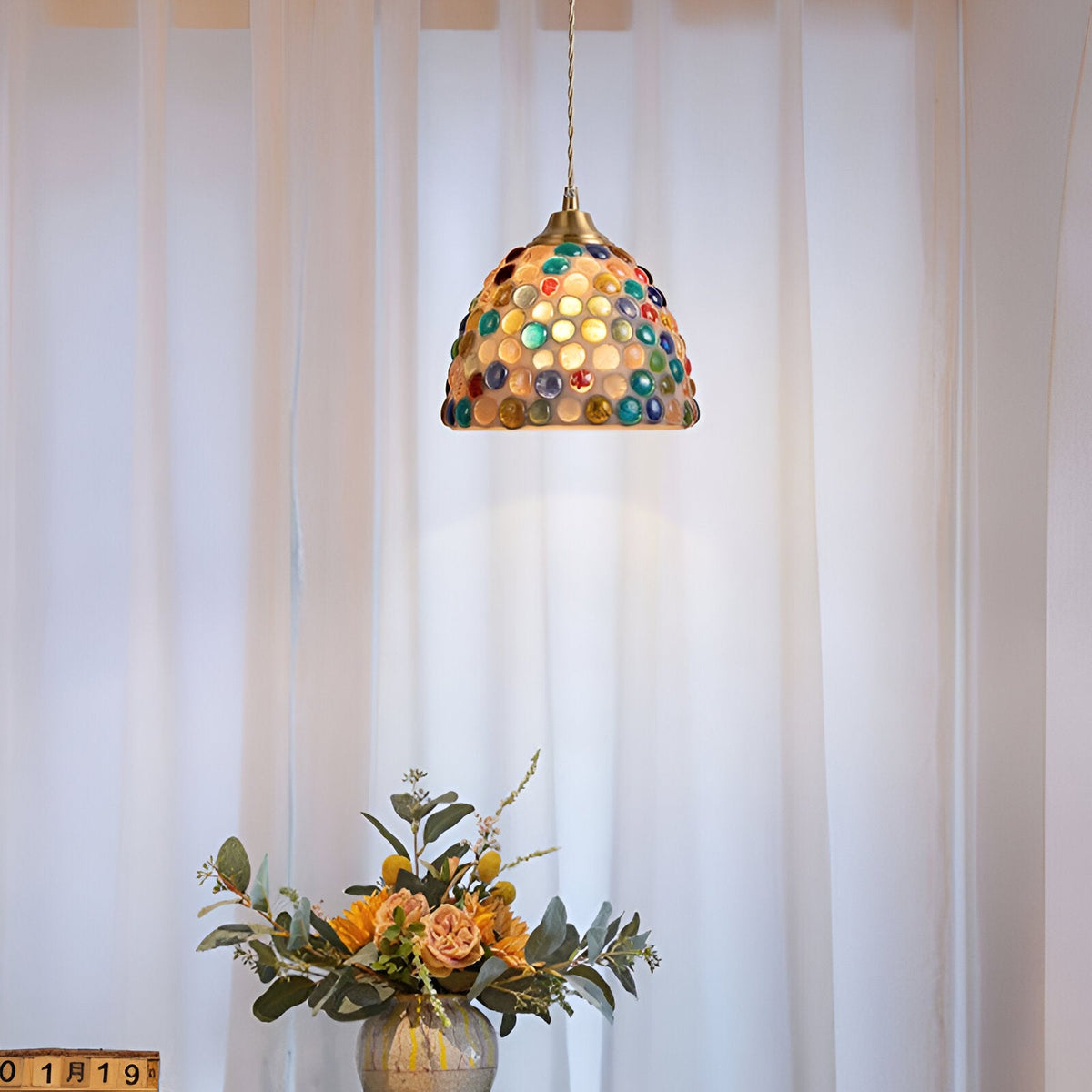 Retro Kleurrijke Natuurlijke Schelp Handgemaakte Messing Hanglamp