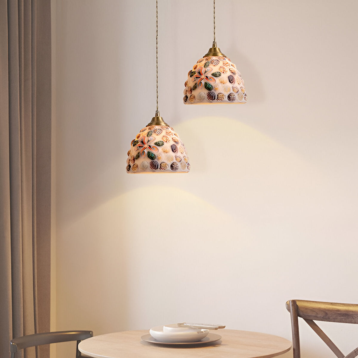 Retro Kleurrijke Natuurlijke Schelp Handgemaakte Messing Hanglamp