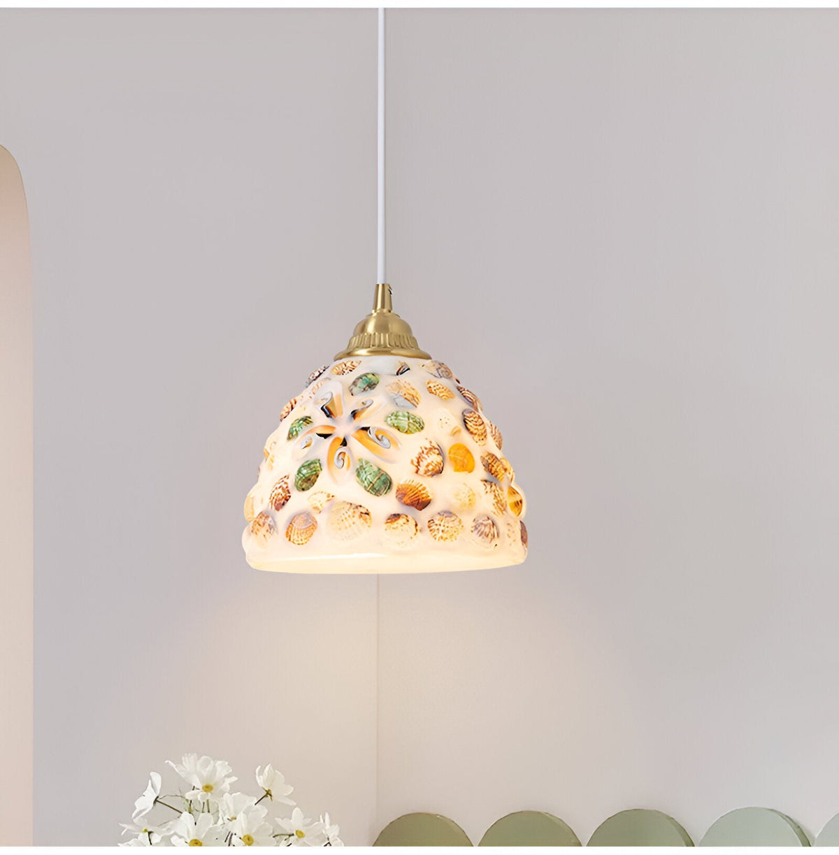 Retro Kleurrijke Natuurlijke Schelp Handgemaakte Messing Hanglamp