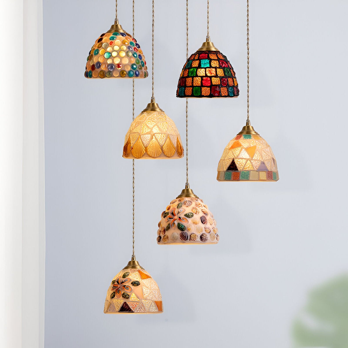Retro Kleurrijke Natuurlijke Schelp Handgemaakte Messing Hanglamp