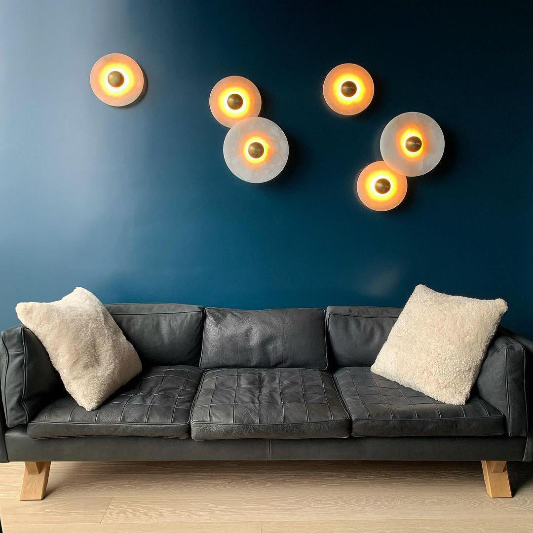 Ronde Wandlamp Alabaster Geribbeld Messing