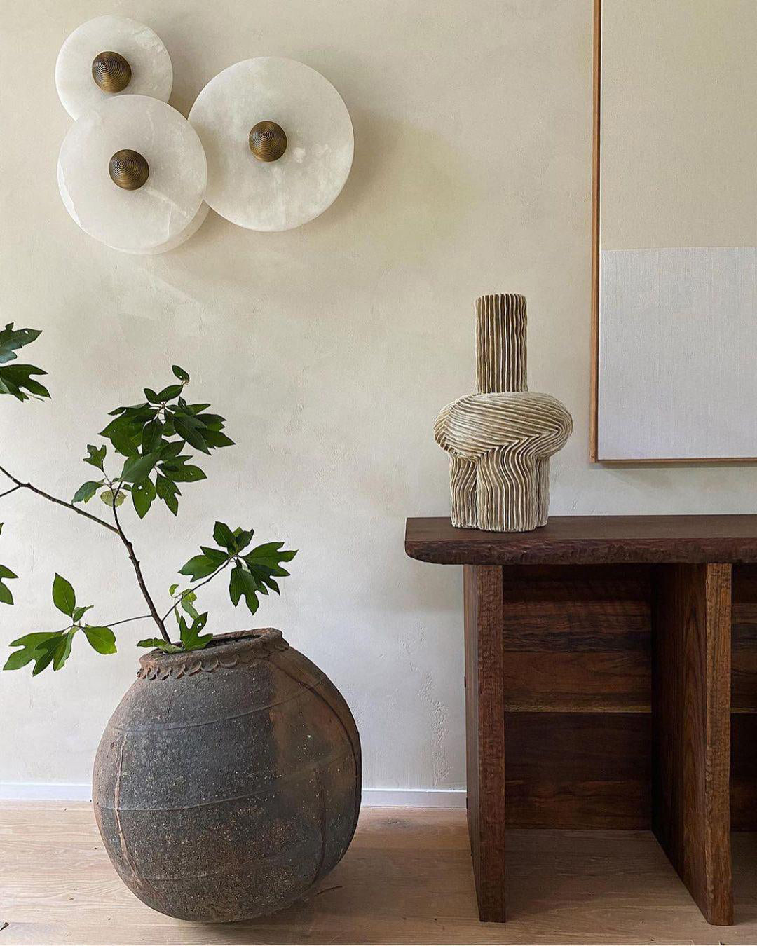Ronde Wandlamp Alabaster Geribbeld Messing