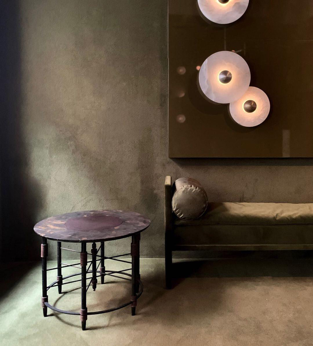Ronde Wandlamp Alabaster Geribbeld Messing