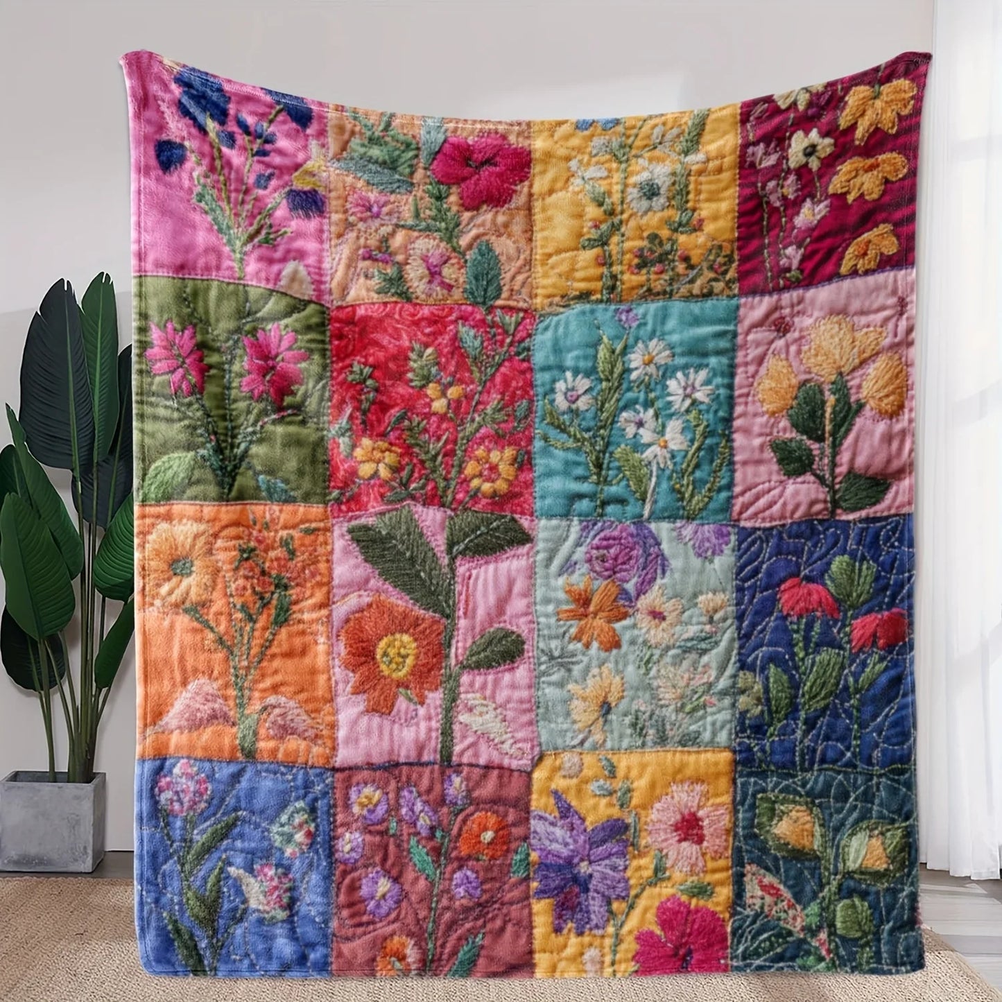 Patchworkdeken VintageBloom | Zachte Flanel | Bloemenontwerp & Borduurwerk | Bank, Bed & Reizen