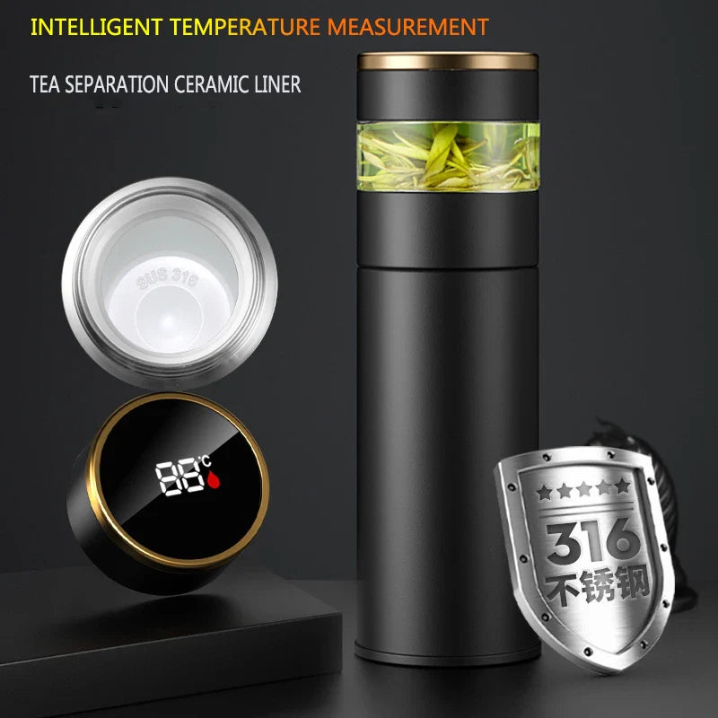 ThermoBrew | Isolerende fles met LED-temperatuurweergave & theefilter | 450 ml | Roestvrij staal 304 | Zwart
