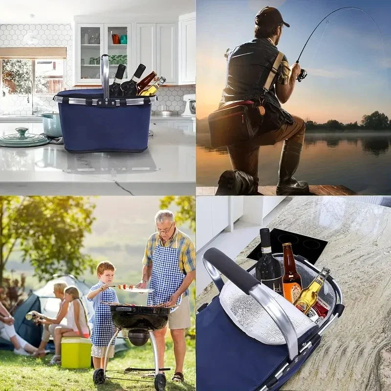 ThermaTrip opvouwbare mand | Geïsoleerde picknickmand met aluminiumfolie en handvat | Opvouwbaar tot een derde van de oorspronkelijke grootte | Voor uitstapjes, in het park, om boodschappen te doen en op reis