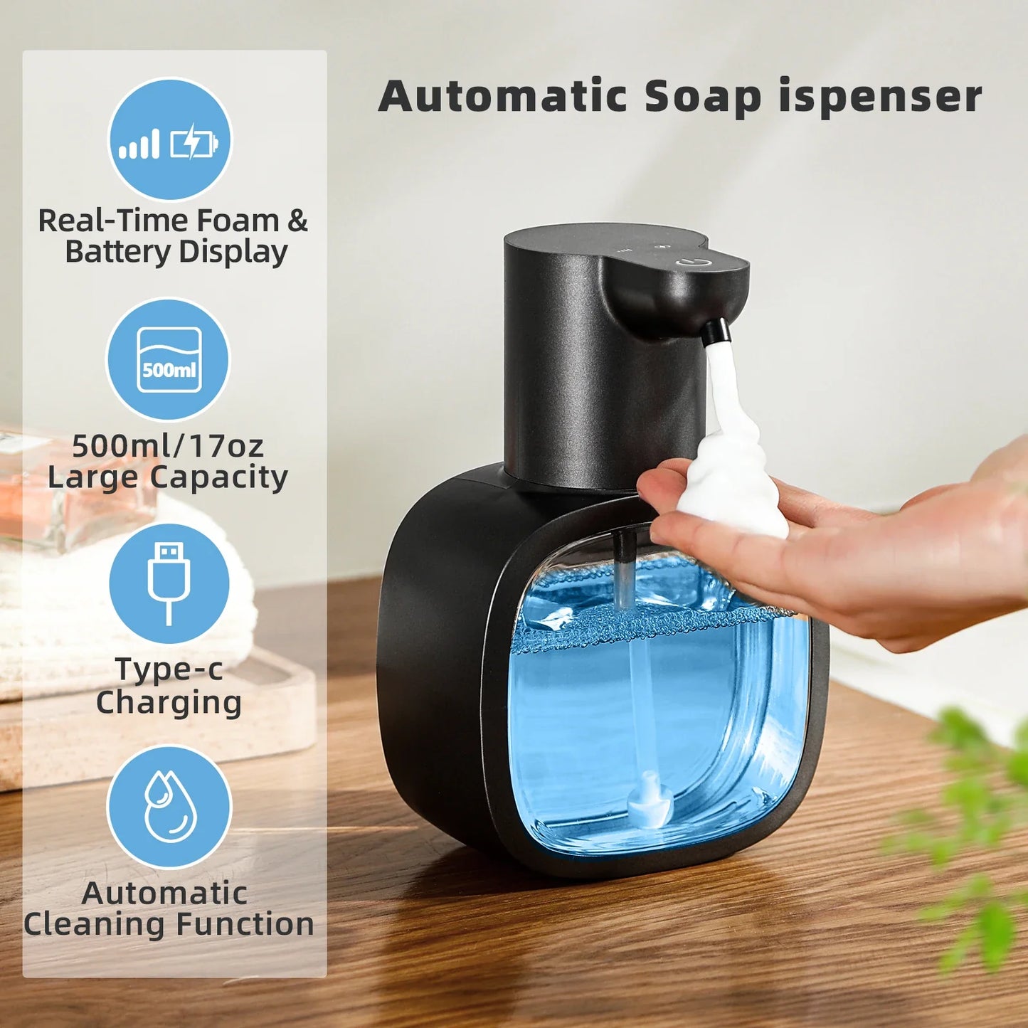 Automatische Zeepdispenser Foamello | Wandmontage | 500 ml | Oplaadbaar & contactloos | Sensorgestuurde schuimfunctie