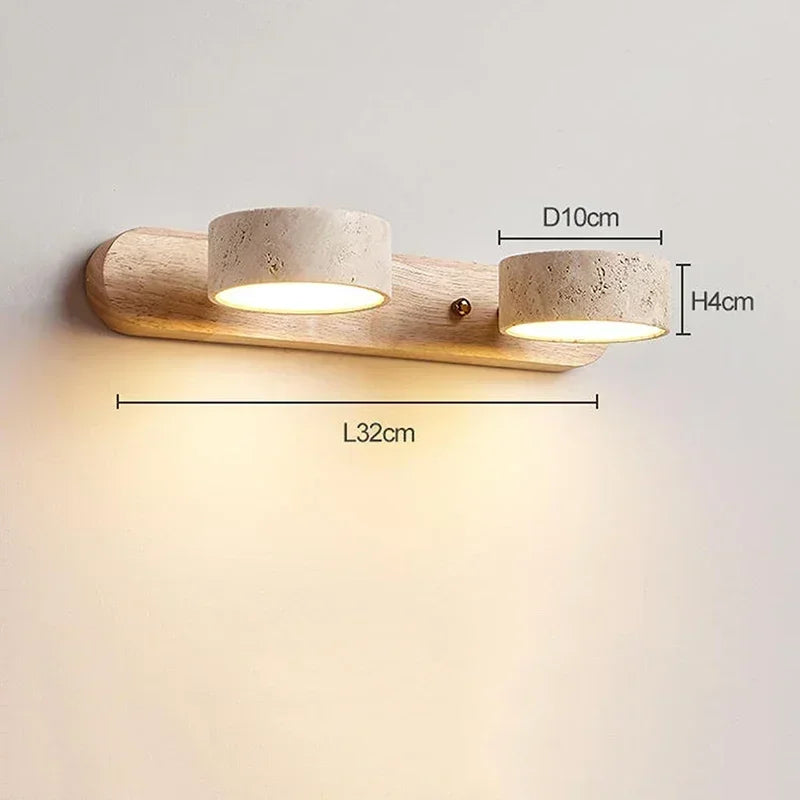 Moderne LED wandlamp met draaibare lampenkappen van steen en houten basis