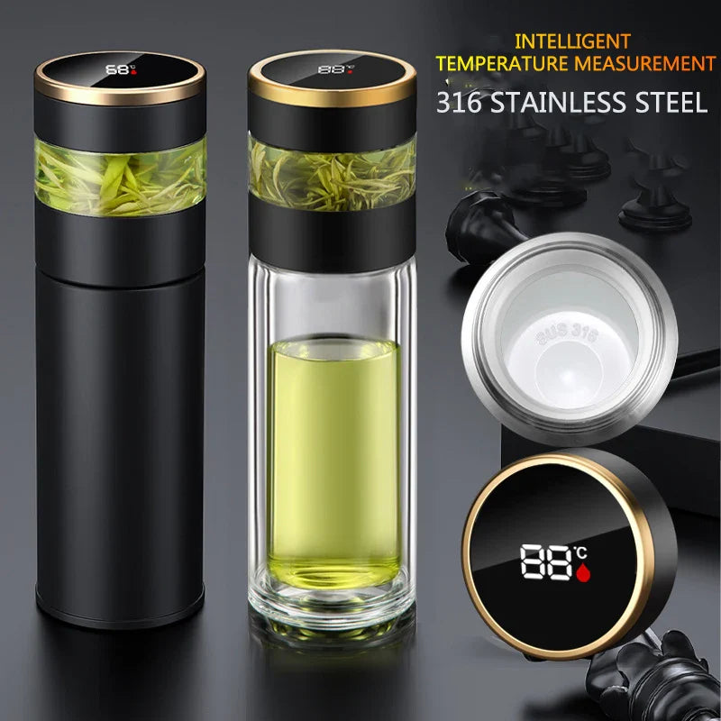 ThermoBrew | Isolerende fles met LED-temperatuurweergave & theefilter | 450 ml | Roestvrij staal 304 | Zwart