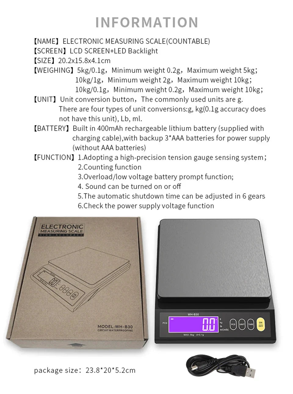 Skanto | 5 kg/0,1 g en 10 kg/1 g digitale elektronische keukenweegschaal, LCD-scherm, volledig waterdicht roestvrijstalen gereedschap voor bakken