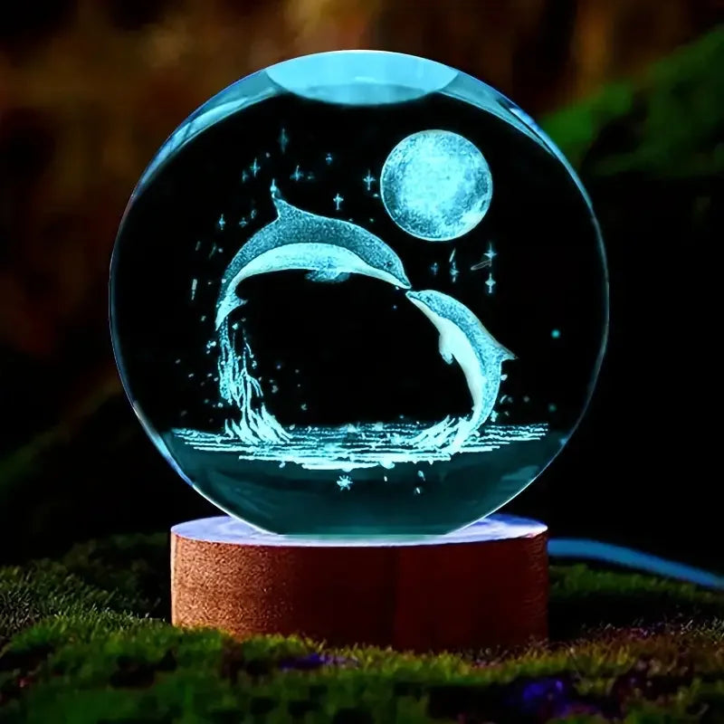 Mariluna Kristallen Bol Dolfijn | 3D-Lasergravure & LED-Basis | Maan- & Zee-motief