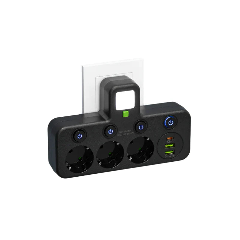 Brehn | Meervoudige stekkerdoos VOLTRIQ ProLine | 3–4 aansluitingen + 2× USB & 1× Type-C | 2500 W | Overspanningsbeveiliging & controle schakelaar
