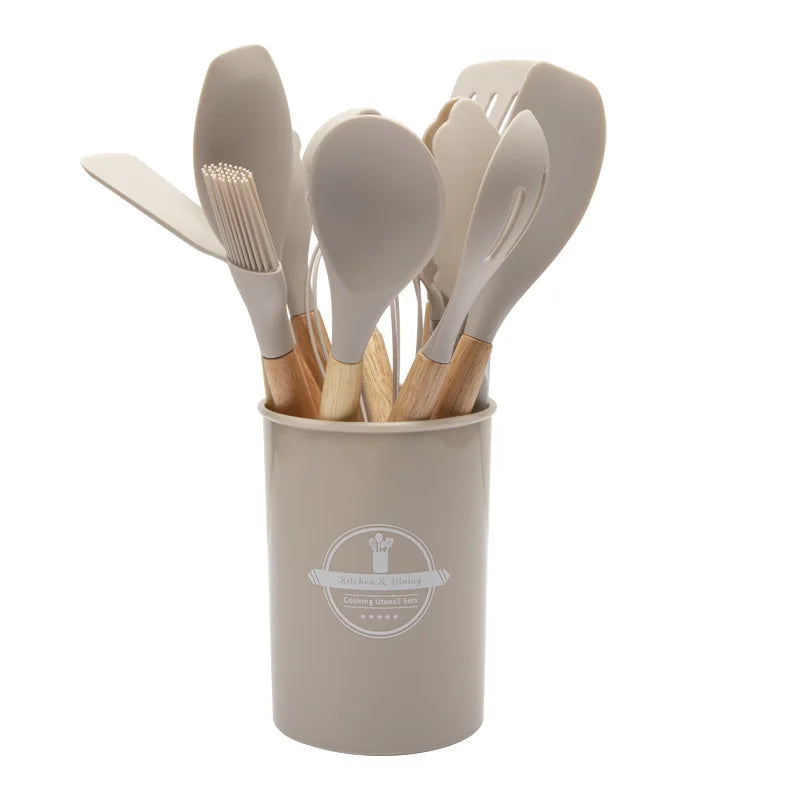 Set Keukengerei Culinora van Siliconen | Hittebestendig tot 230 °C | 12 stuks met Houten Handvatten | Garde, Spatel, Tang en meer
