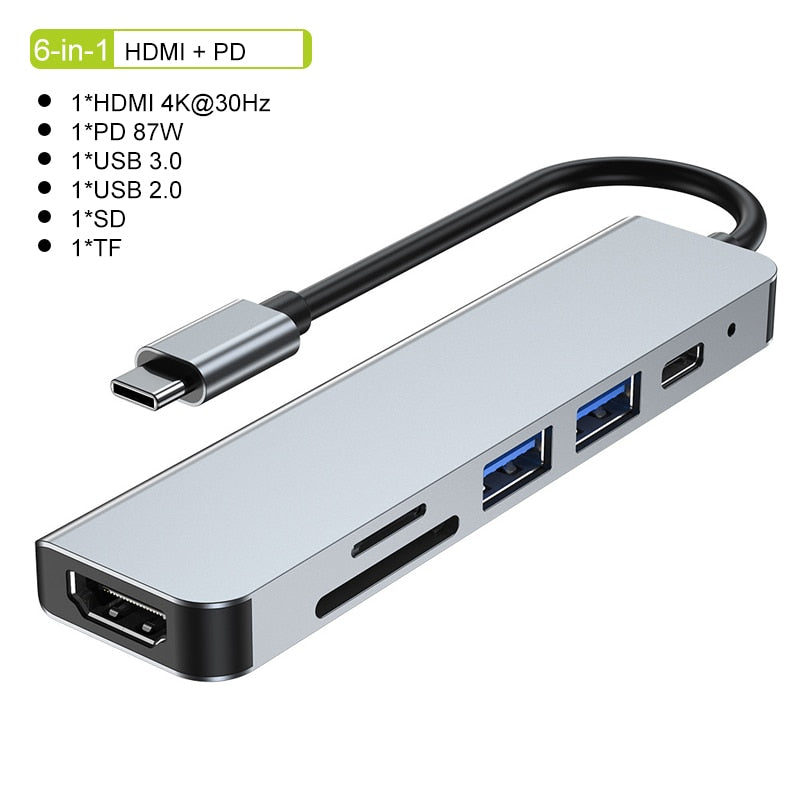 Thunderbolt 3 USB-C Hub met HDMI, PD, SD/TF voor MacBook Air M1 en iPad Pro