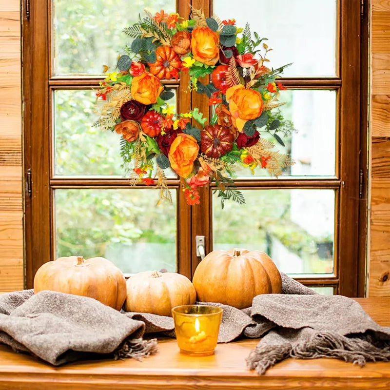 Autumna Charm Herfst Deurkrans | Pompoen & Riet | 40 cm | Handgemaakte Decoratie voor Herfst & Thanksgiving