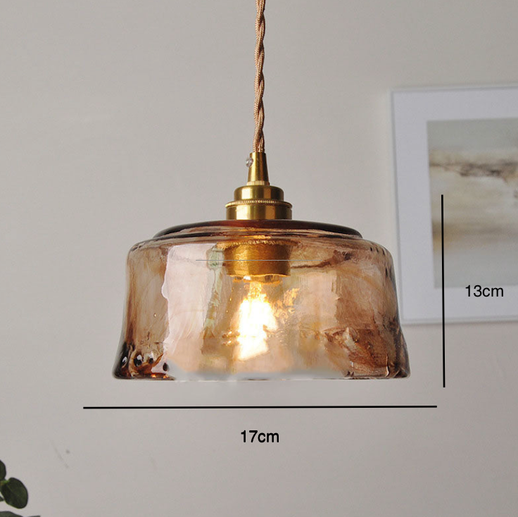 Vintage Amber Ronde Glazen Messing Hanglamp 1-Licht