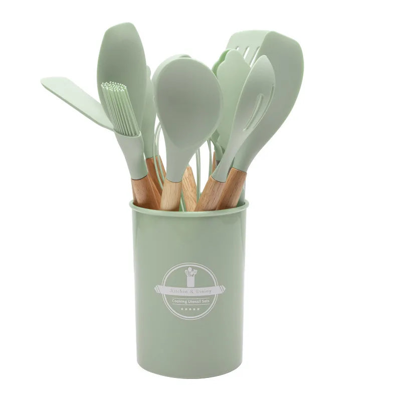 Set Keukengerei Culinora van Siliconen | Hittebestendig tot 230 °C | 12 stuks met Houten Handvatten | Garde, Spatel, Tang en meer