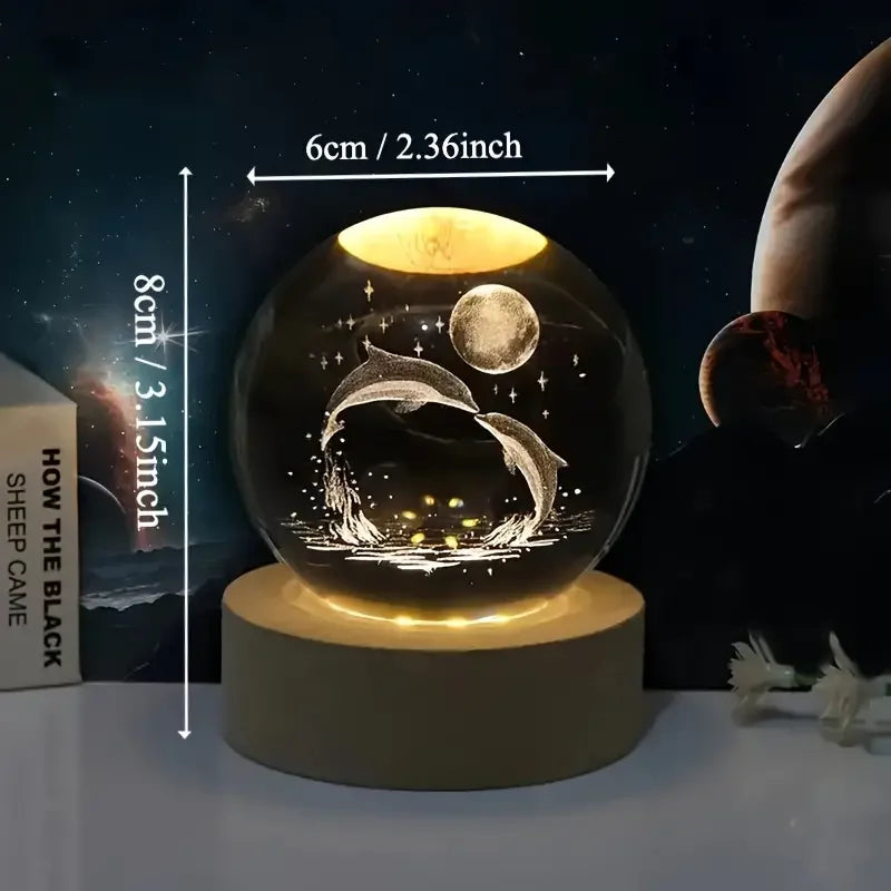 Mariluna Kristallen Bol Dolfijn | 3D-Lasergravure & LED-Basis | Maan- & Zee-motief