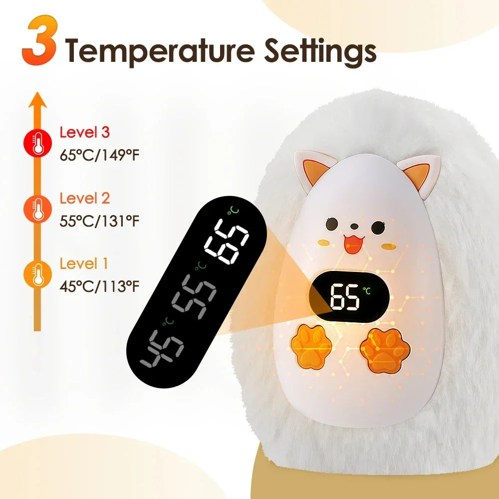 Furrio Elektrische Handwarmer Vos | Oplaadbaar 1200 mAh | 3 Warmte-niveaus & Digitale Weergave | Pluche Oppervlak | USB Type-C | Draagbaar voor Winter & Kantoor