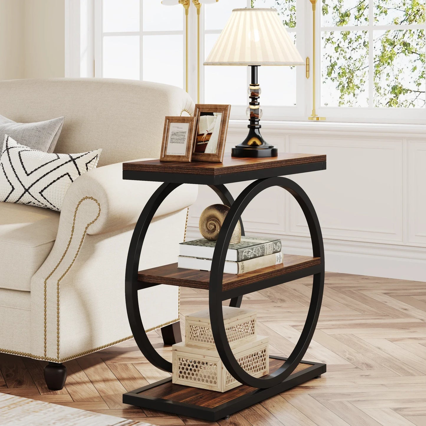 Isyvelra - Industriële Smalle Houten Bijzettafel met 3 Opbergplanken