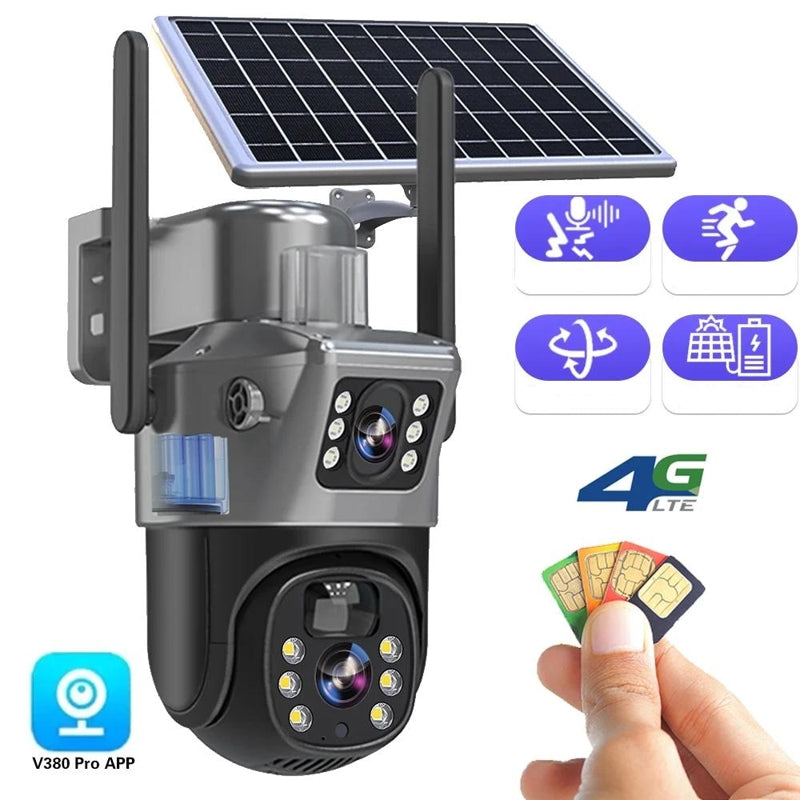 Zonne-energie Beveiligingscamera Dubbel-Lens | 10x Zoom 360° PTZ | 12.000 mAh IP66 4G WLAN | Vigiora
