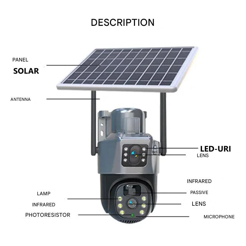 Zonne-energie Beveiligingscamera Dubbel-Lens | 10x Zoom 360° PTZ | 12.000 mAh IP66 4G WLAN | Vigiora