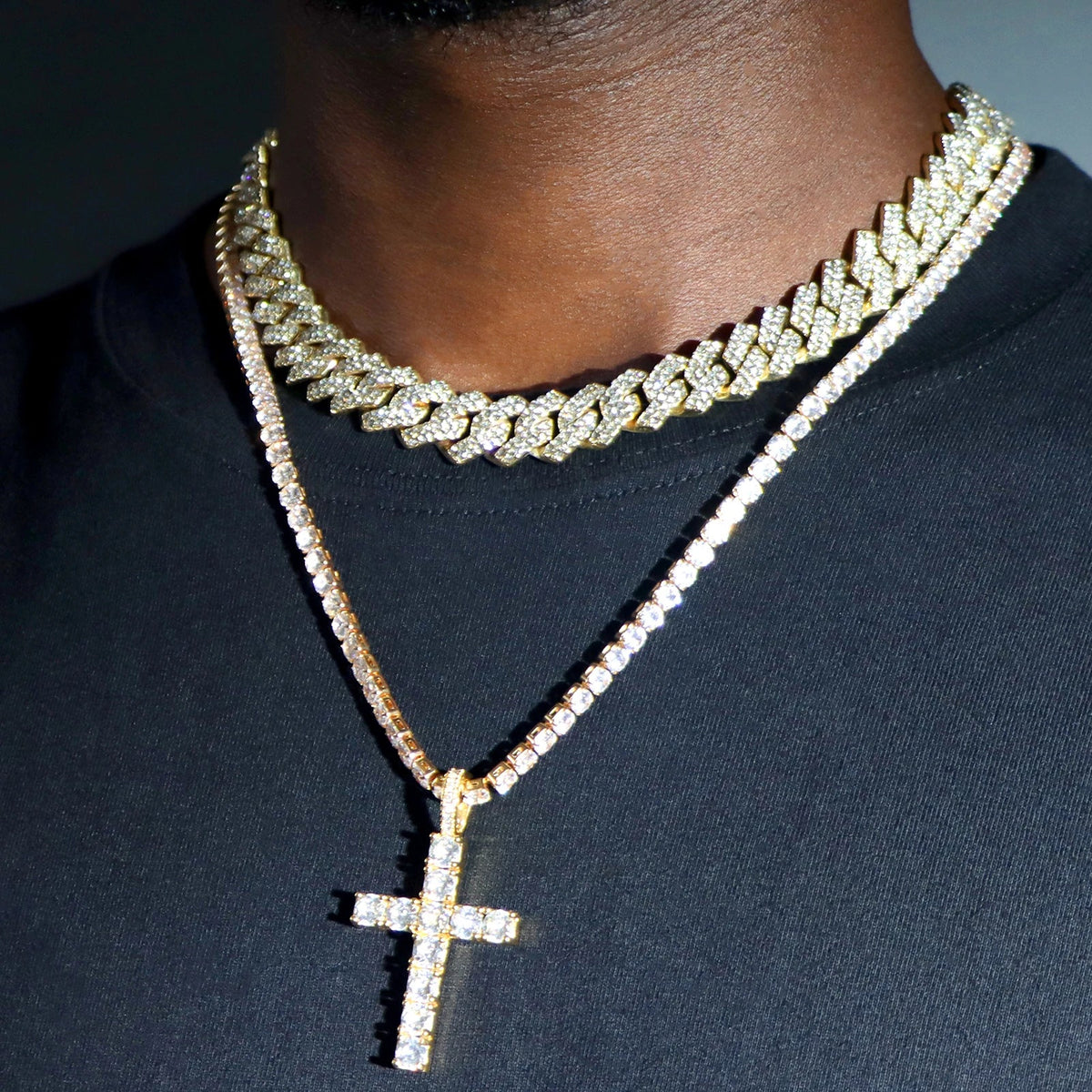 UrbanLuxe – Heren- en Damesketting 2-reeks Cuban Link met Kruis – 14mm