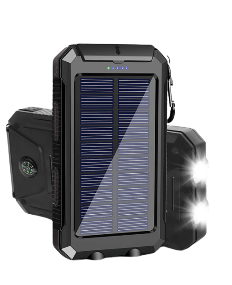 Waterdichte oplader met ultrahoge capaciteit | Gemaakt voor avontuur met opladen op zonne-energie, twee USB-uitgangen, LED-zaklamp en veiligheidsfuncties.