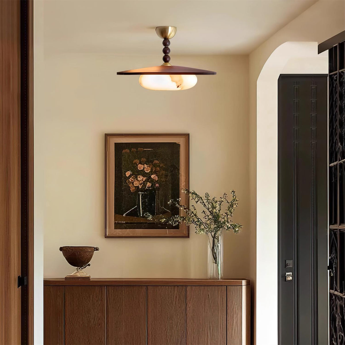 Muto Plafondlamp Walnootkleur & Witte Imitatie Alabaster