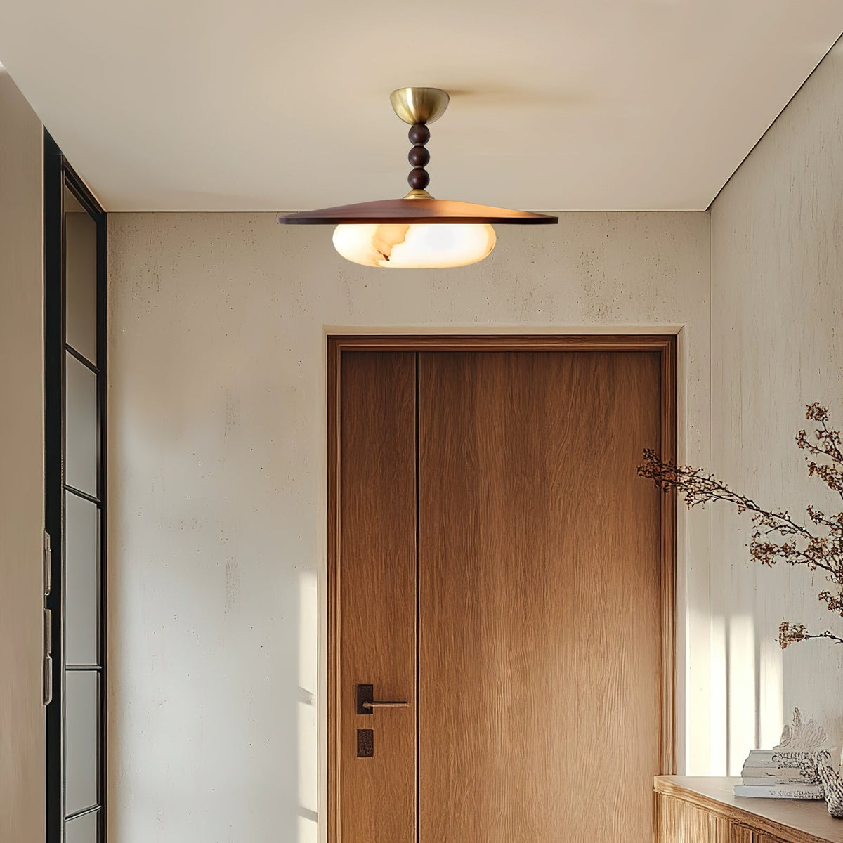 Muto Plafondlamp Walnootkleur & Witte Imitatie Alabaster