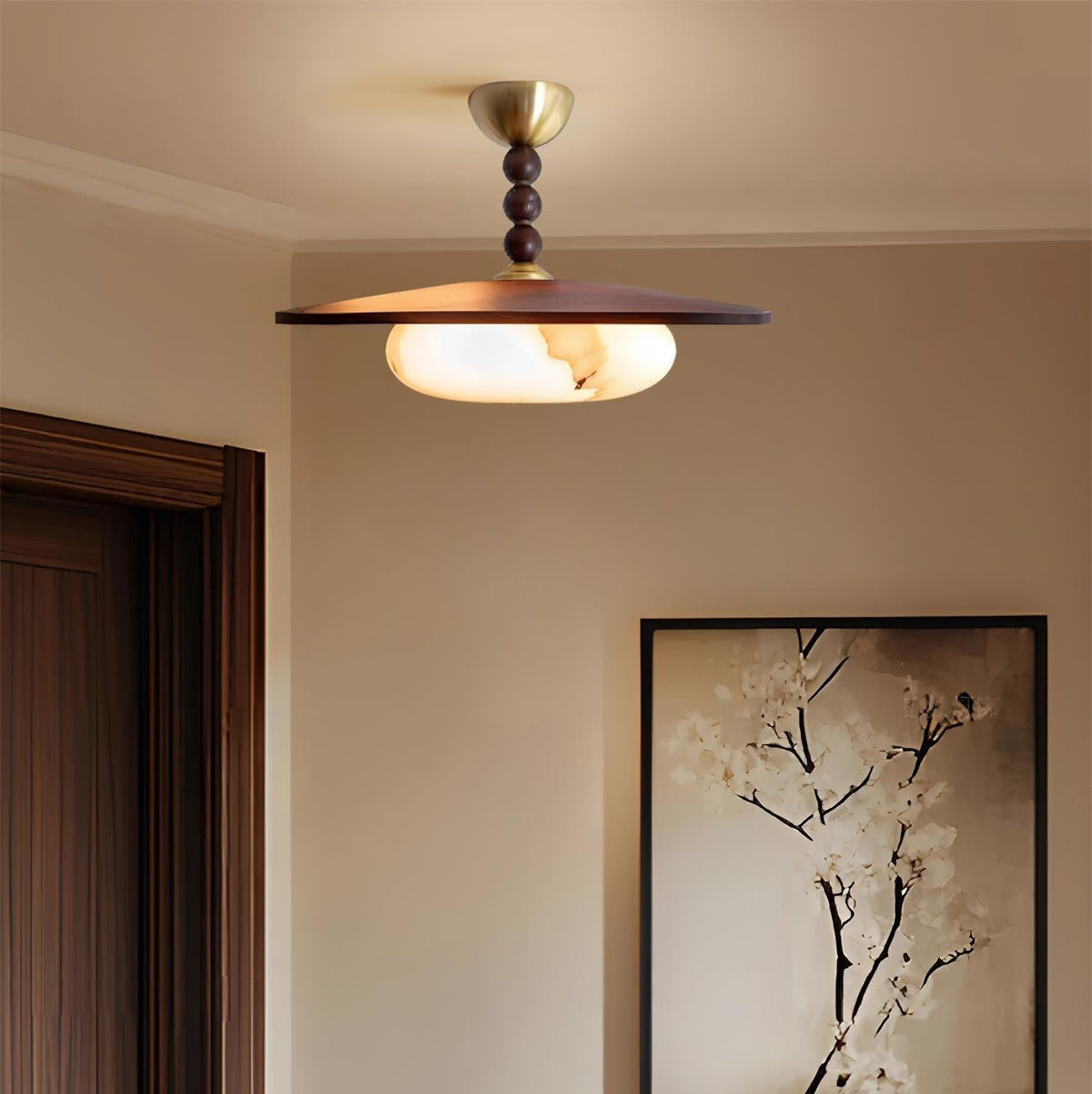 Muto Plafondlamp Walnootkleur & Witte Imitatie Alabaster