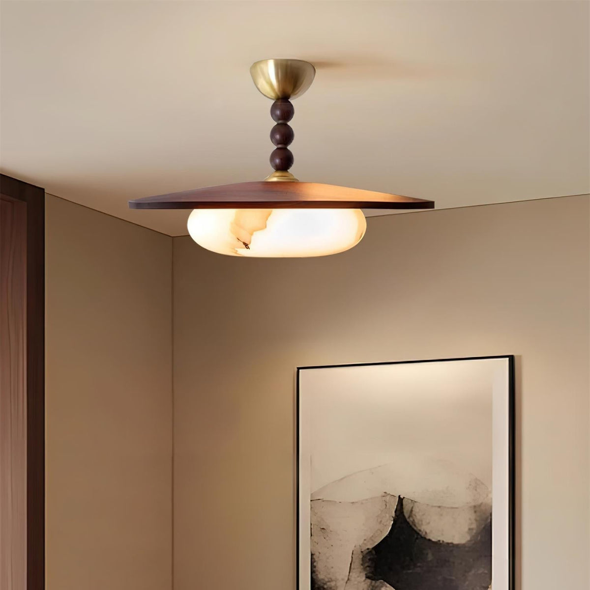 Muto Plafondlamp Walnootkleur & Witte Imitatie Alabaster