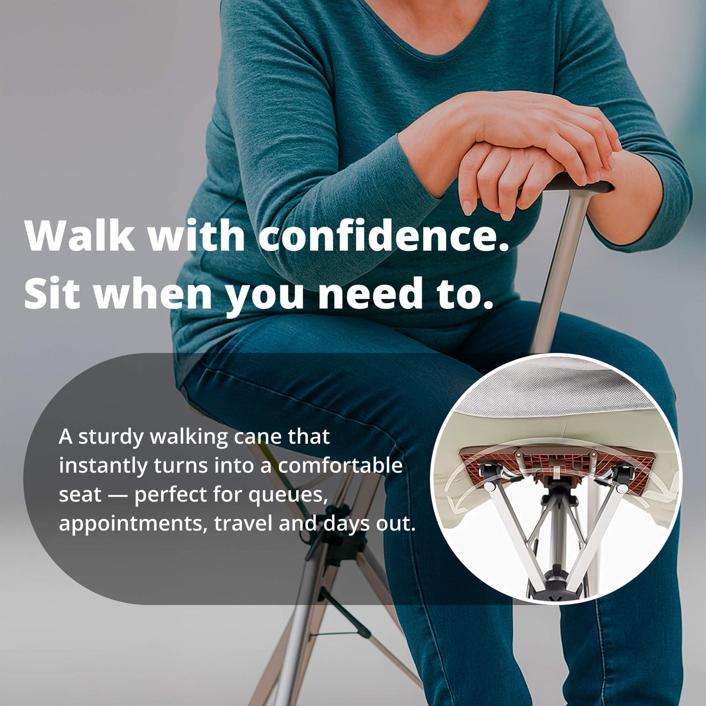 Opvouwbare Wandelstokstoel Met Een Zitting Voor Reizen En Ondersteuning On-The-Go