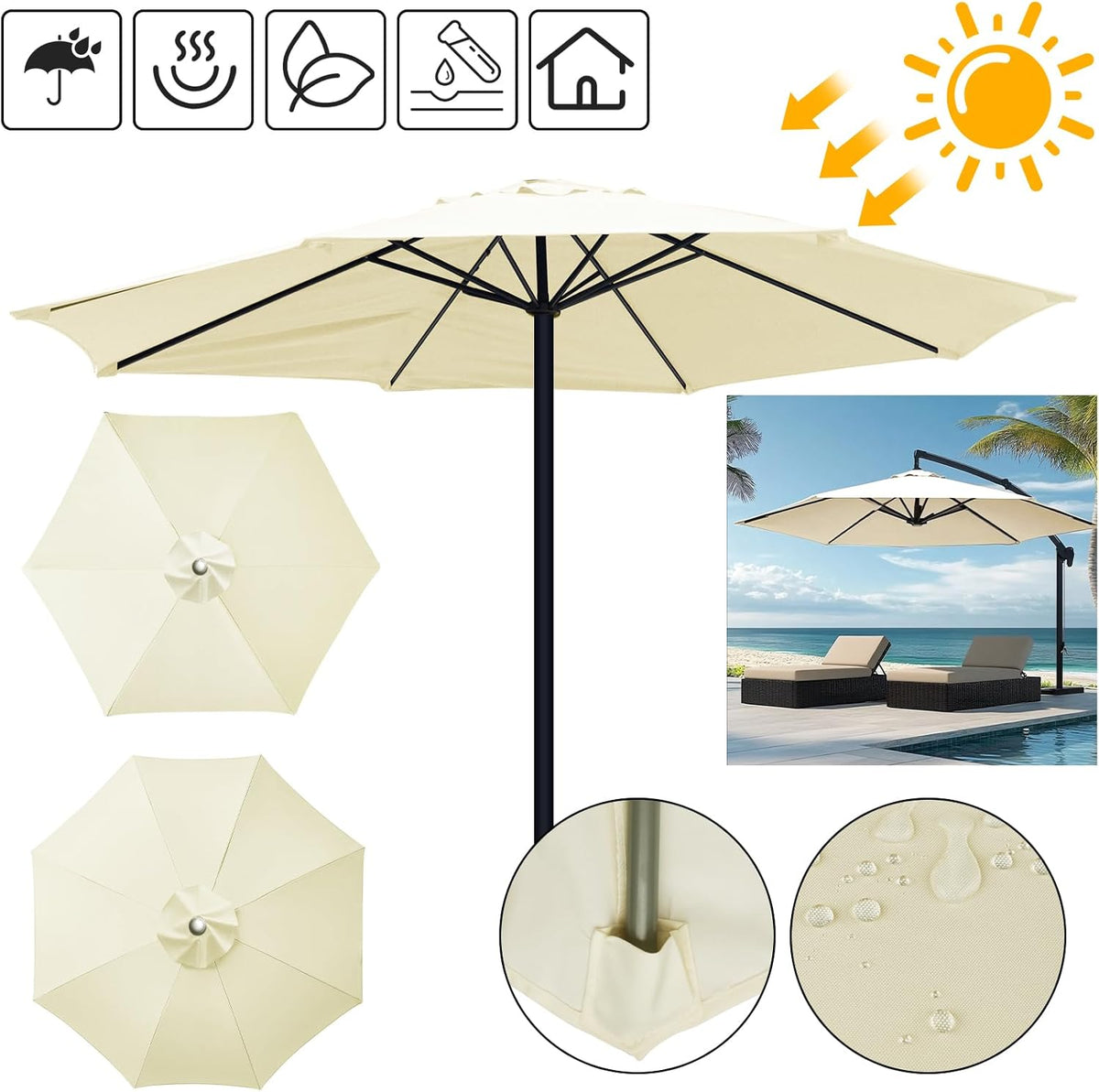 Parasoldoek – Waterafstotend, Met Ventilatieopening & Voor 6 of 8 Spaken