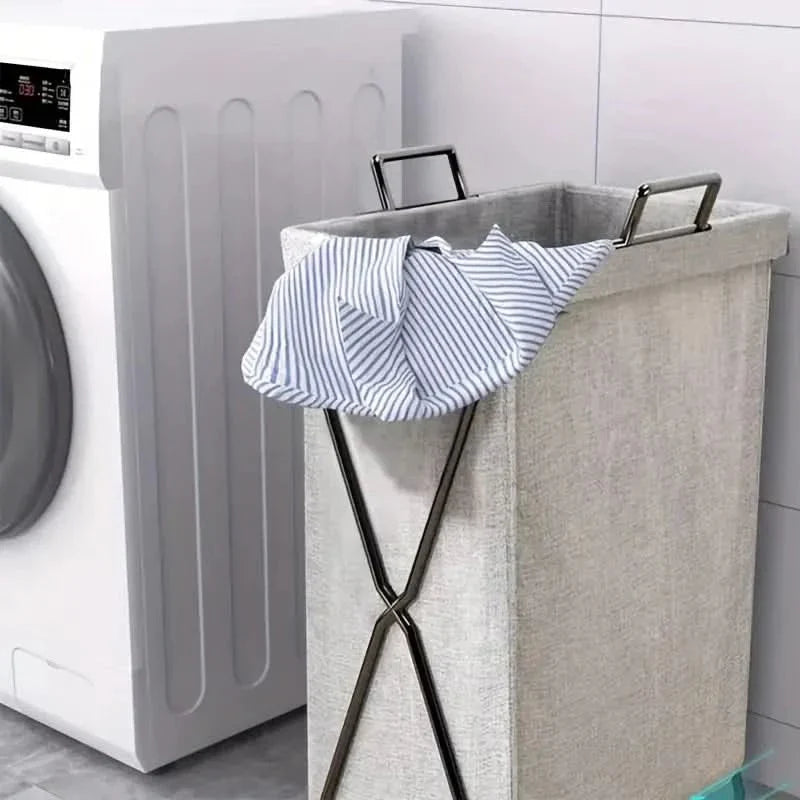 Vouwbare Wasmand met Stalen Frame en Geweven Opbergzak