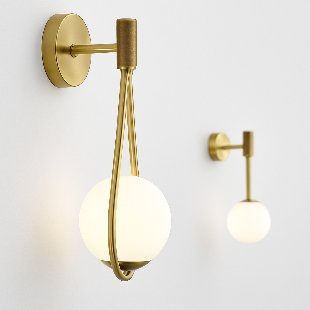 Design wandlamp met gouden LED en witte glazen bol Shadow