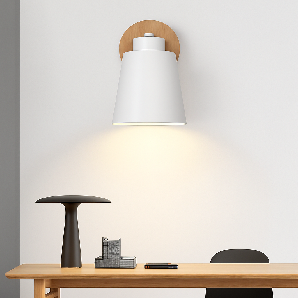 Wandlamp LED met verstelbare kap van metaal en houten steun