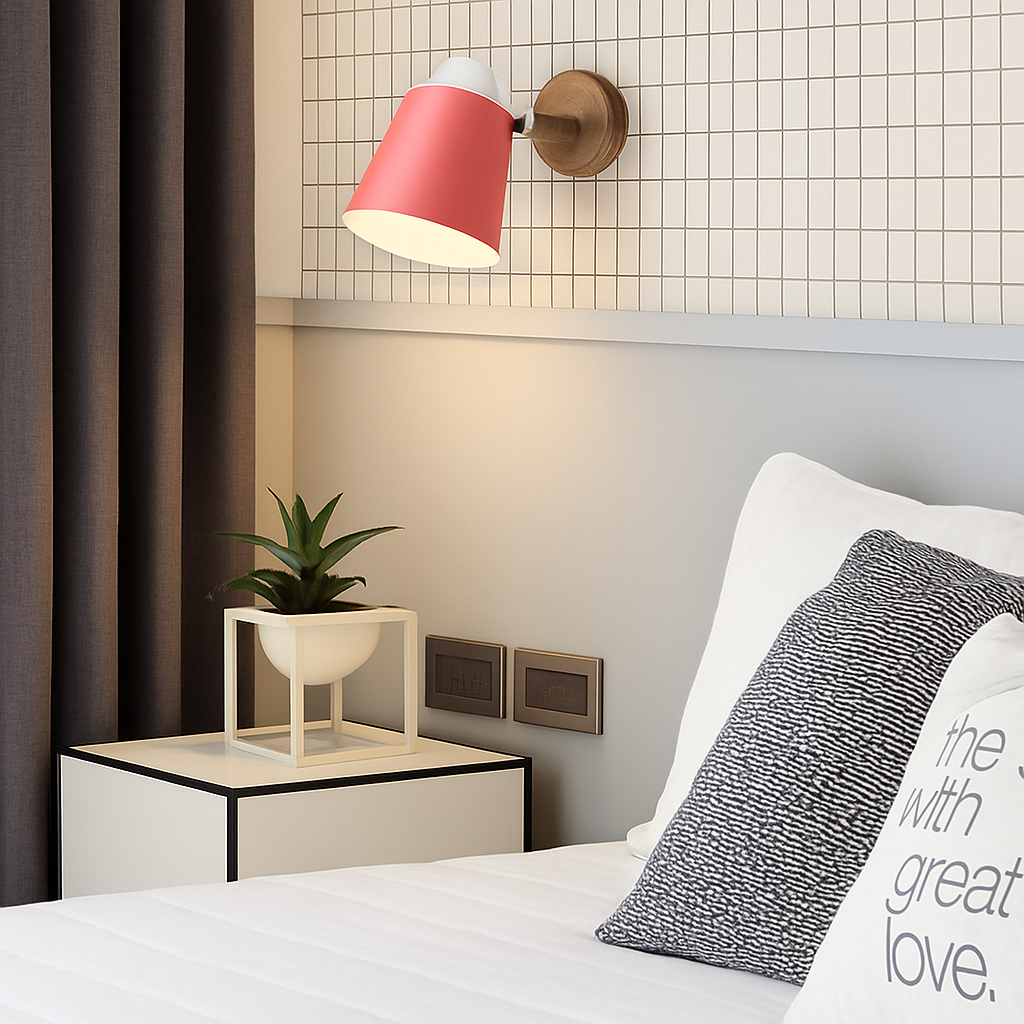 Wandlamp LED met verstelbare kap van metaal en houten steun