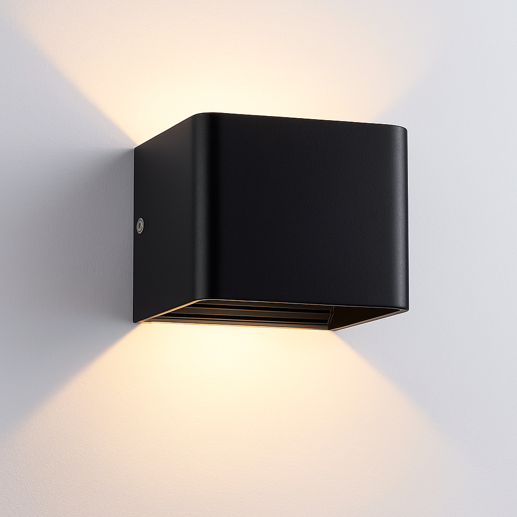 Moderne LED wandlamp met gekleurde metalen kubus